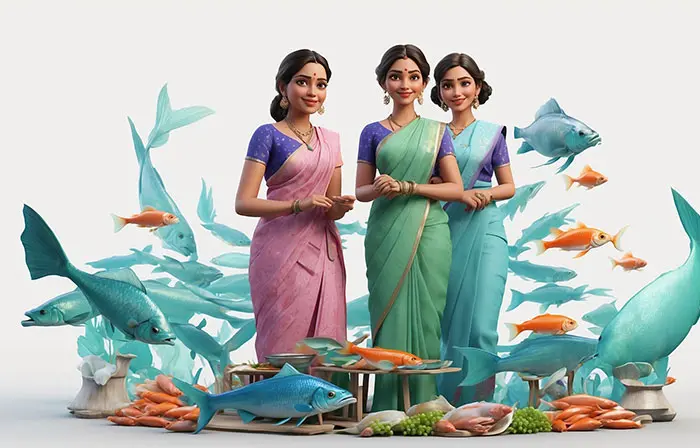 Indian Female Fisher Women Digital 3d Character Illustration image